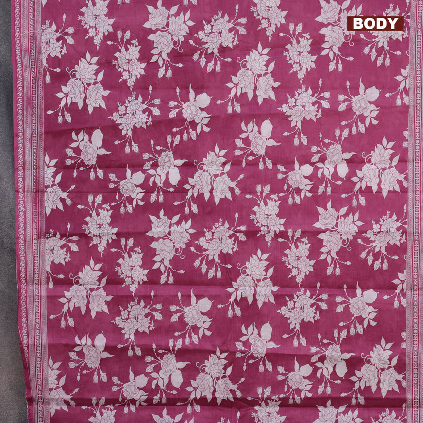 Muslin cotton saree magenta pink and off white with allover floral prints and printed border