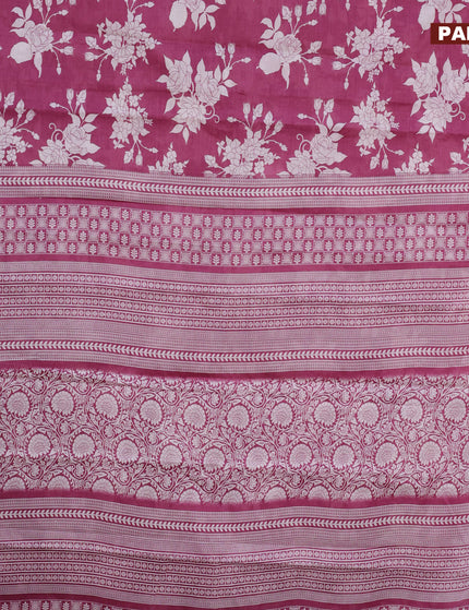 Muslin cotton saree magenta pink and off white with allover floral prints and printed border