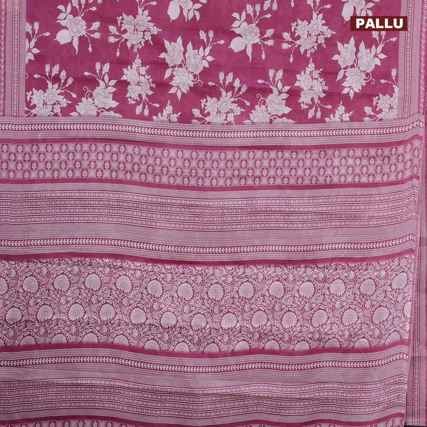 Muslin cotton saree magenta pink and off white with allover floral prints and printed border