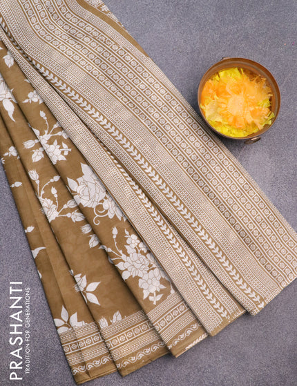 Muslin cotton saree khaki shade and off white with allover floral prints and printed border