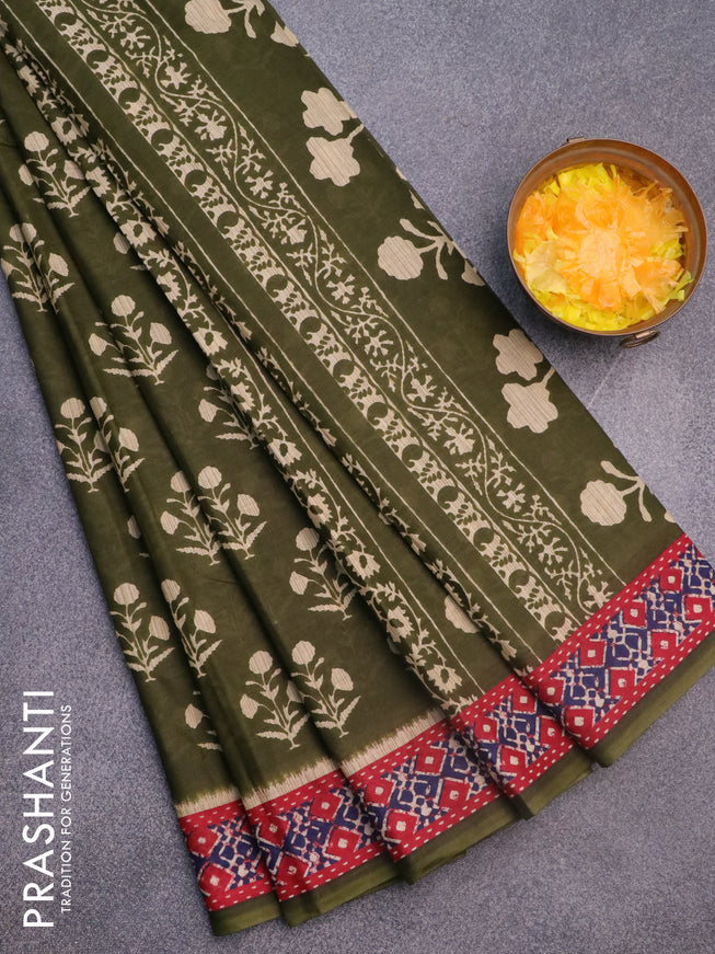 Muslin cotton saree sap green and red with butta prints and printed border