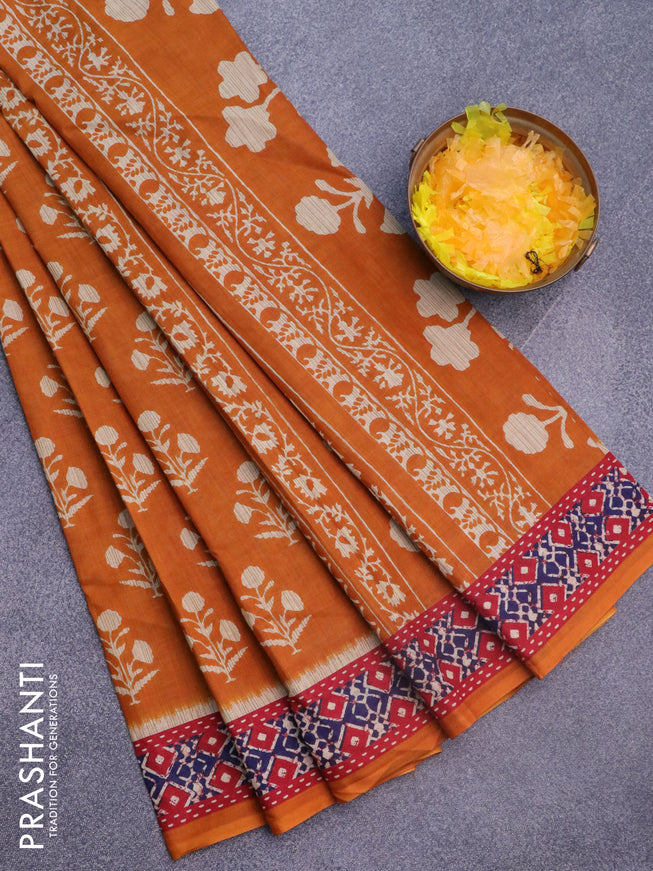 Muslin cotton saree mustard yellow and red with butta prints and printed border