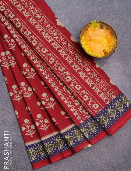 Muslin cotton saree red and blue with butta prints and printed border