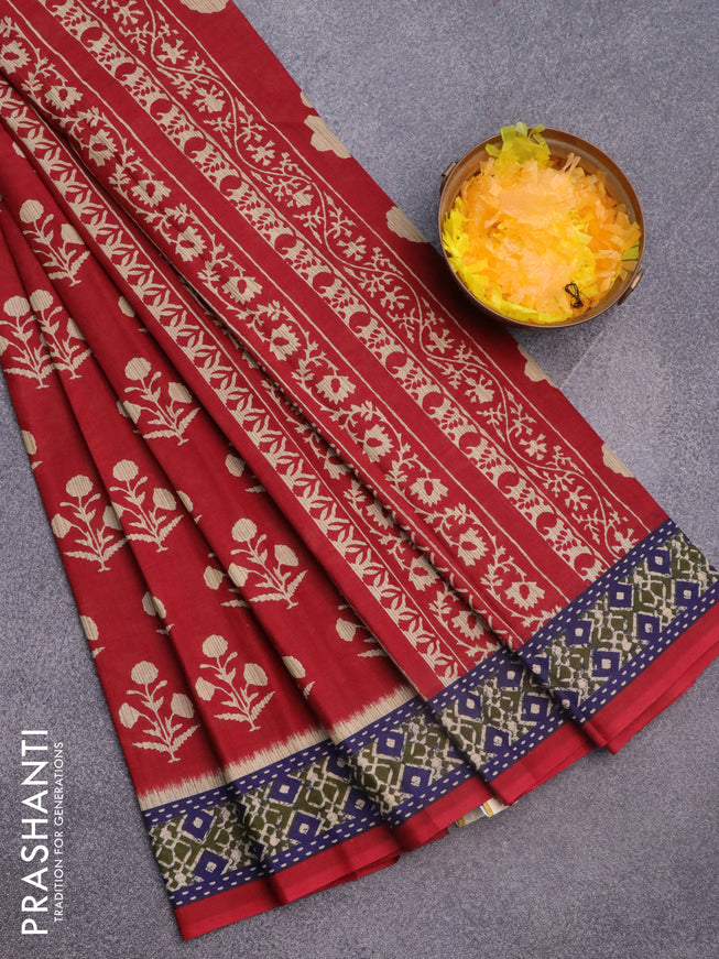 Muslin cotton saree red and blue with butta prints and printed border