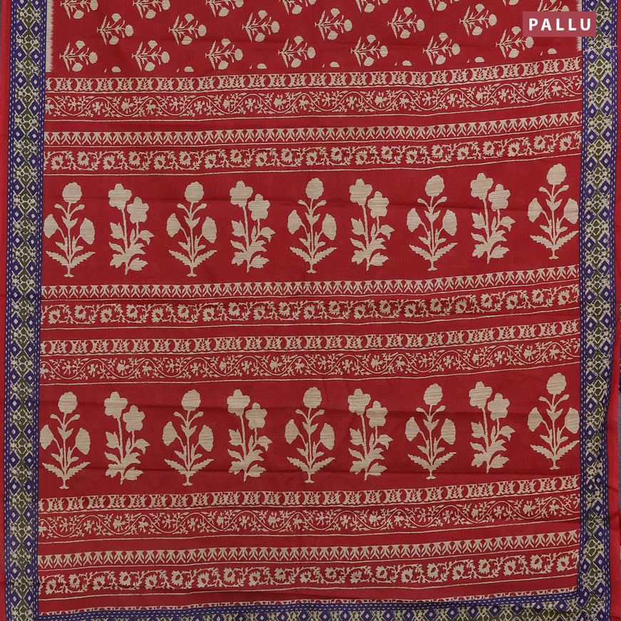 Muslin cotton saree red and blue with butta prints and printed border