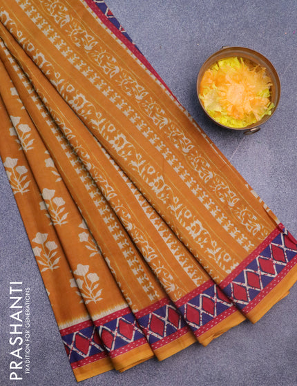 Muslin cotton saree mustard yellow and red with butta prints and printed border