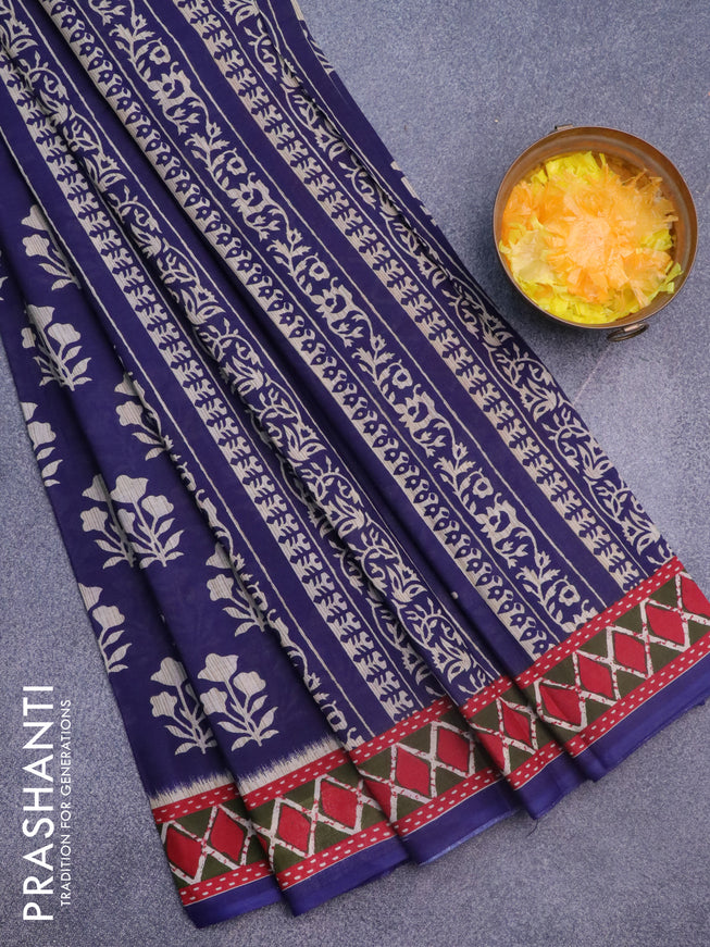 Muslin cotton saree blue and red with butta prints and printed border