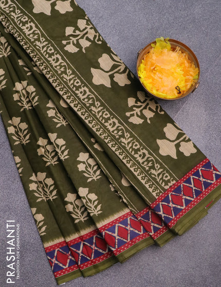 Muslin cotton saree sap green and red with butta prints and printed border