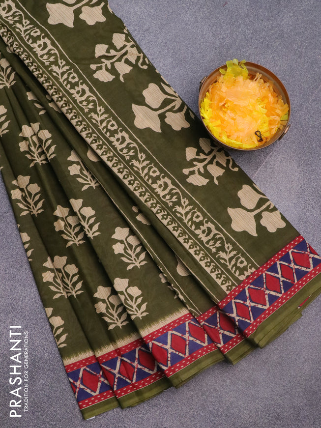 Muslin cotton saree sap green and red with butta prints and printed border