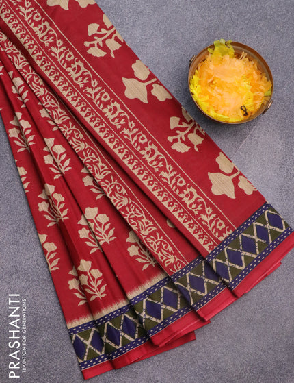 Muslin cotton saree red and blue with butta prints and printed border