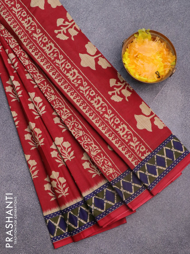 Muslin cotton saree red and blue with butta prints and printed border