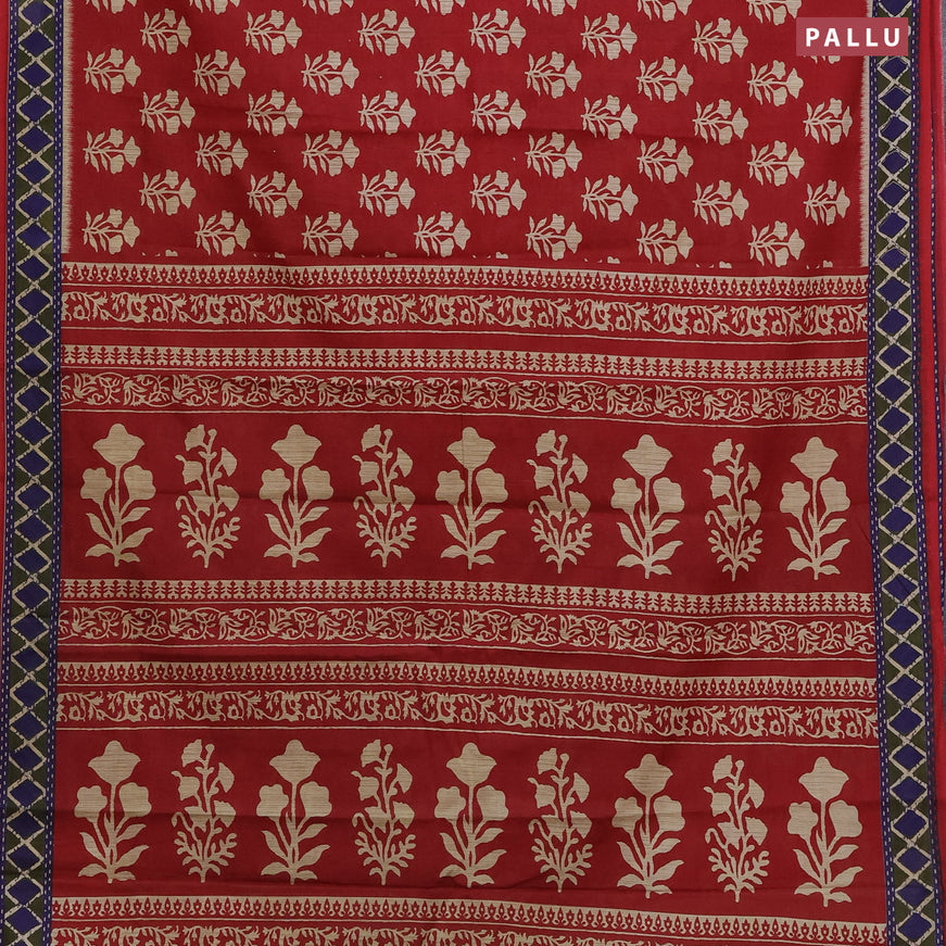 Muslin cotton saree red and blue with butta prints and printed border