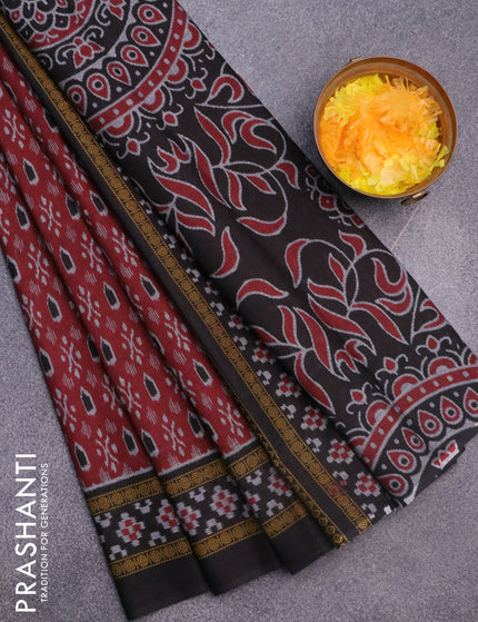 Muslin cotton saree maroon and black with allover ikat weaves and printed border