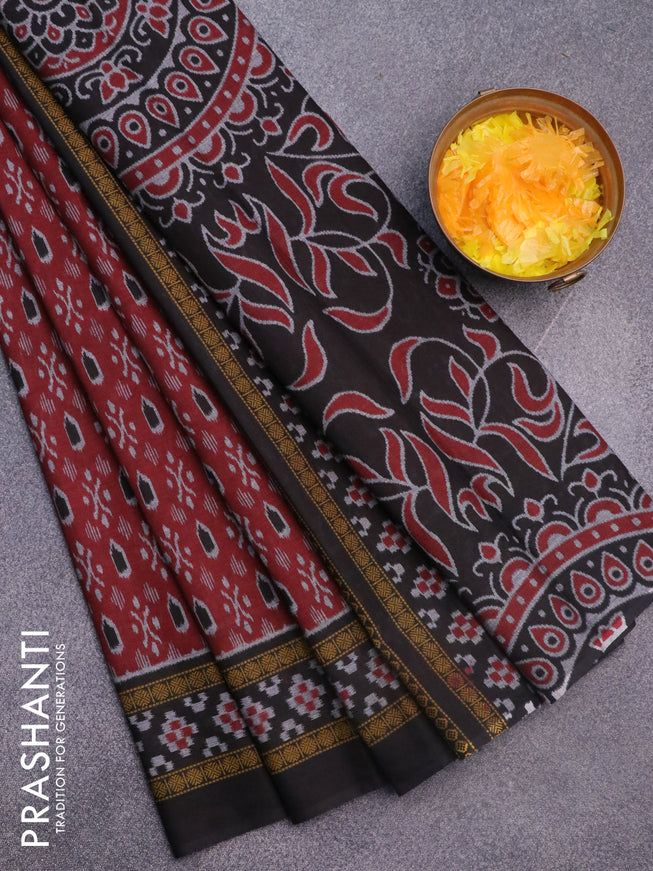 Muslin cotton saree maroon and black with allover ikat weaves and printed border