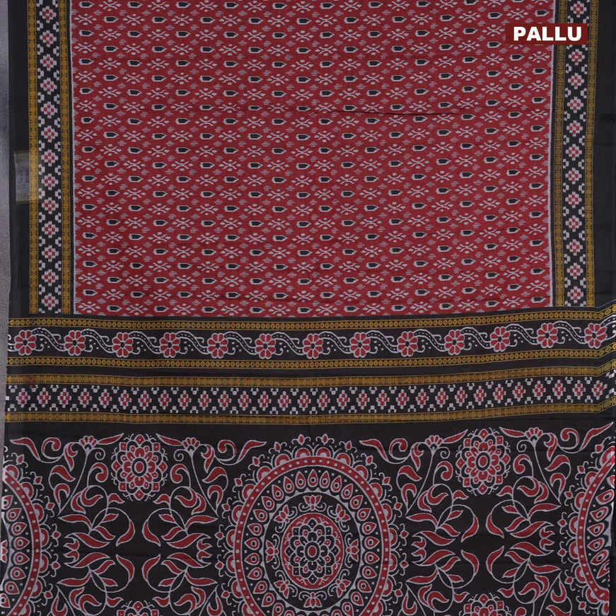 Muslin cotton saree maroon and black with allover ikat weaves and printed border