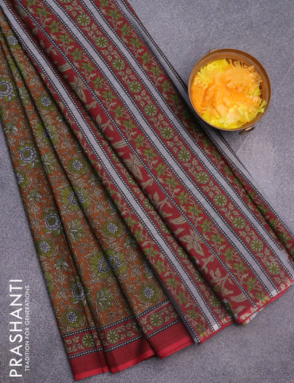 Muslin cotton saree dark mustard and maroon with allover floral prints and printed border