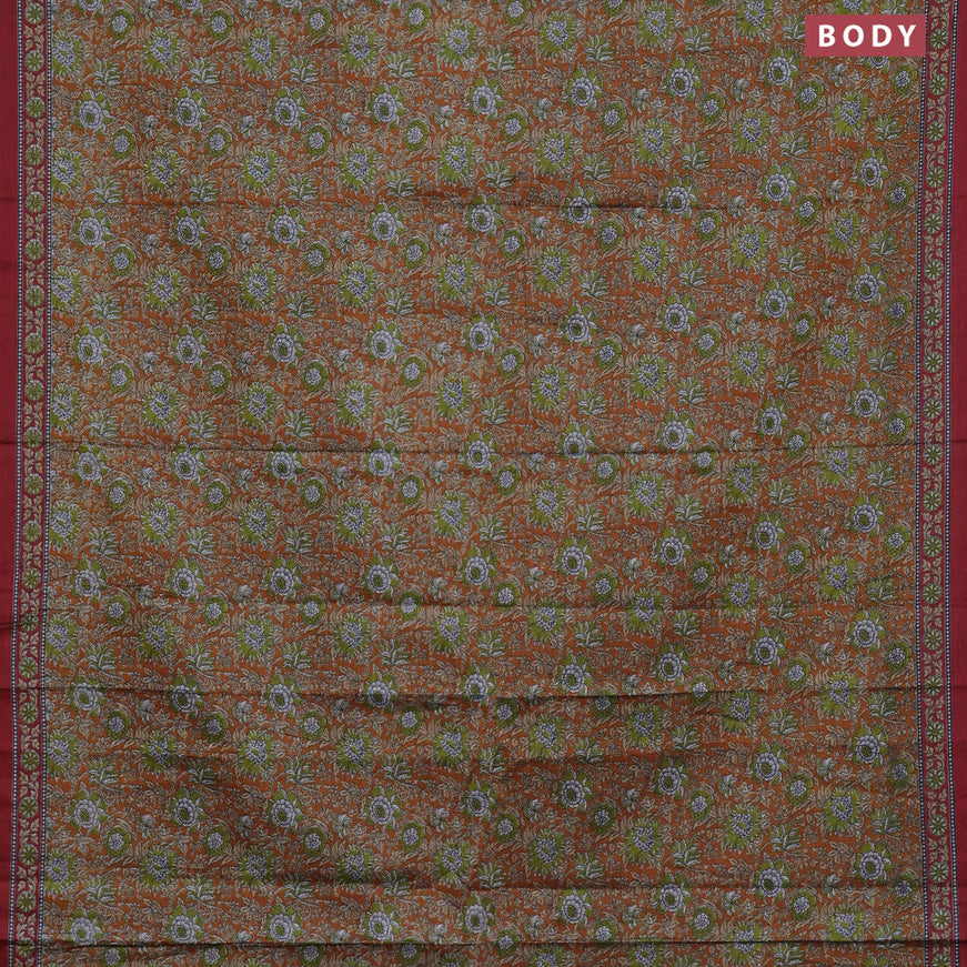 Muslin cotton saree dark mustard and maroon with allover floral prints and printed border