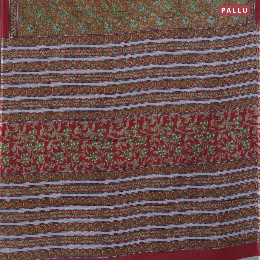 Muslin cotton saree dark mustard and maroon with allover floral prints and printed border