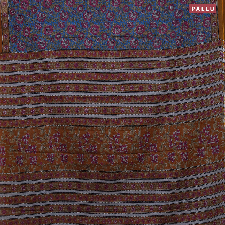 Muslin cotton saree cs blue and mustard shade with allover floral prints and printed border