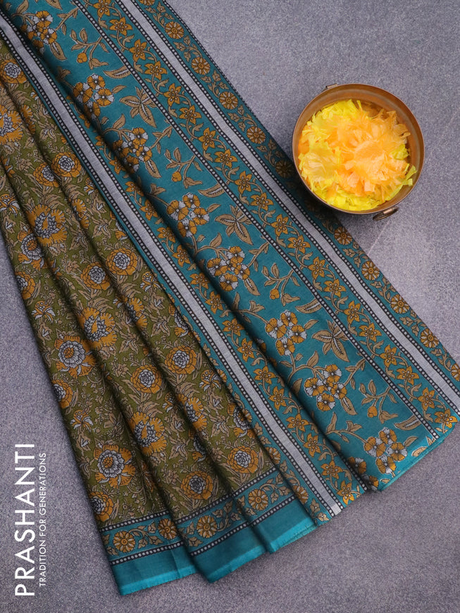 Muslin cotton saree mehendi green and teal green with allover floral prints and printed border