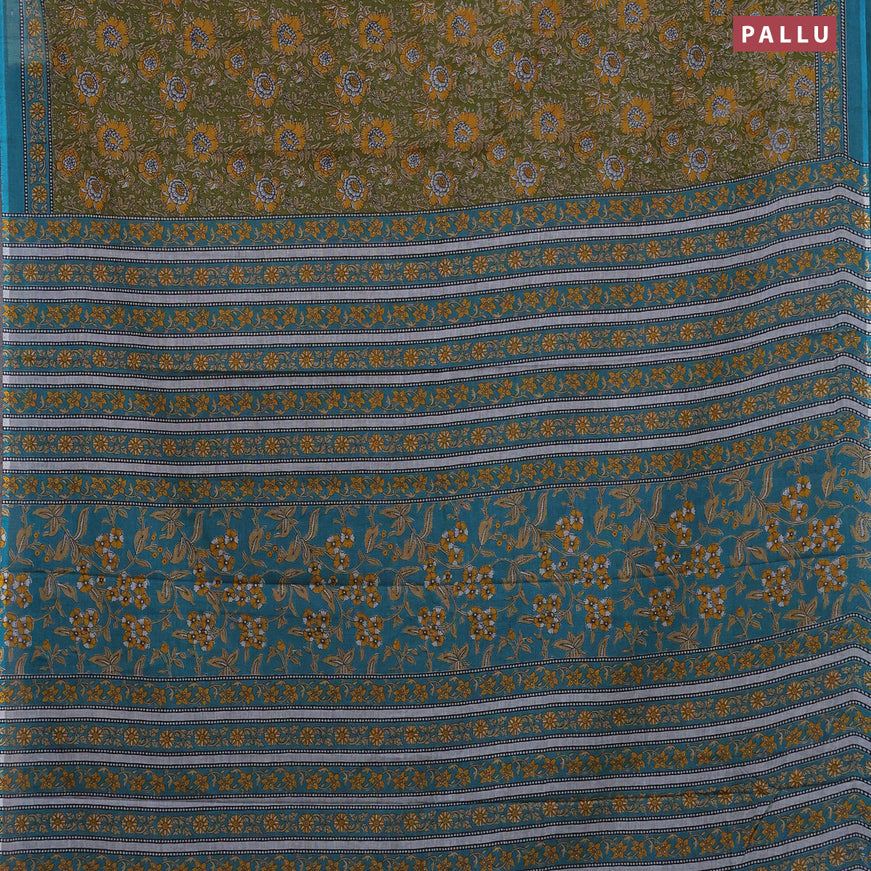 Muslin cotton saree mehendi green and teal green with allover floral prints and printed border