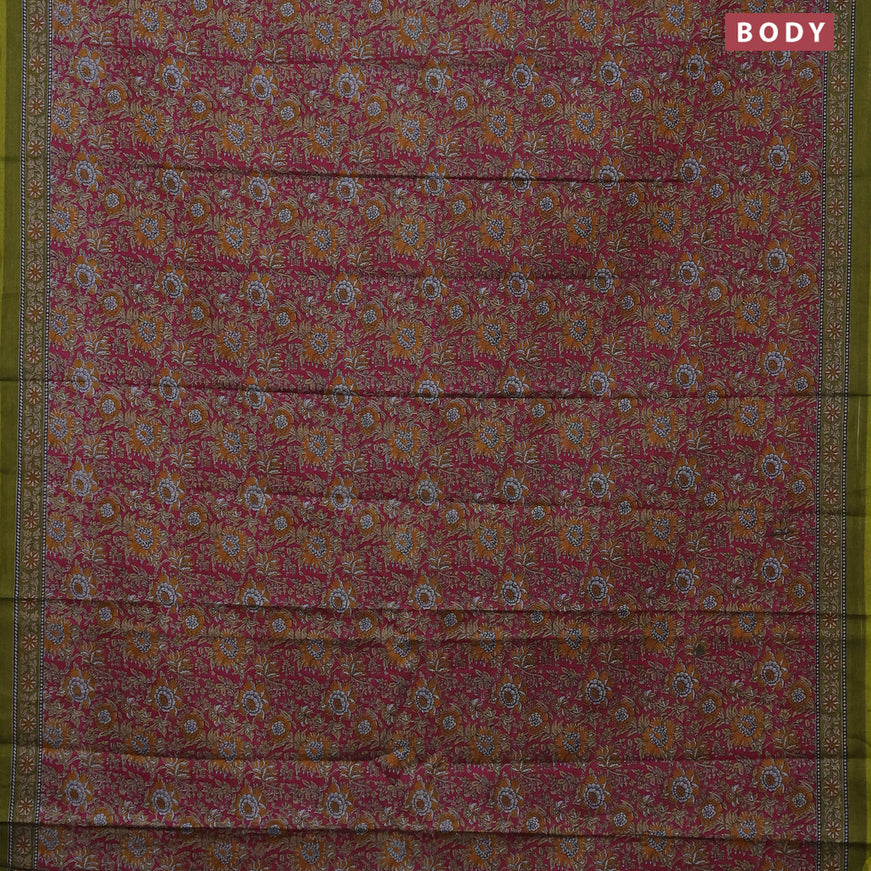 Muslin cotton saree dark pink and green with allover floral prints and printed border