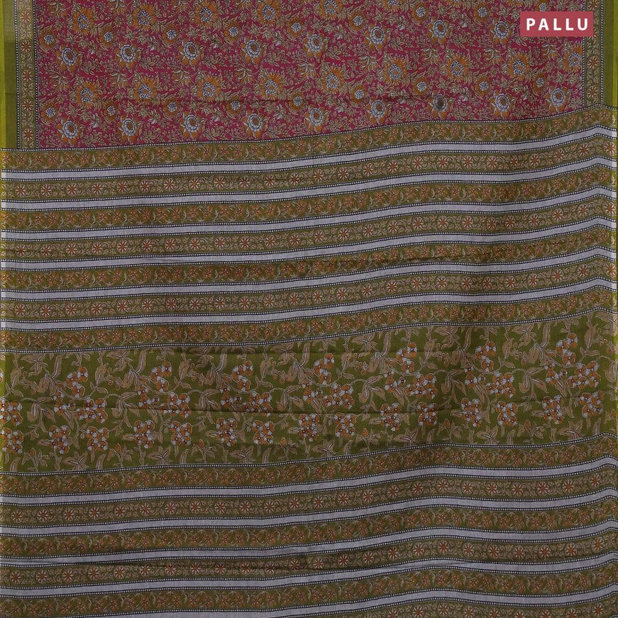 Muslin cotton saree dark pink and green with allover floral prints and printed border