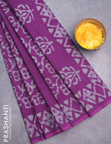 Muslin cotton saree purple with allover batik prints and printed border