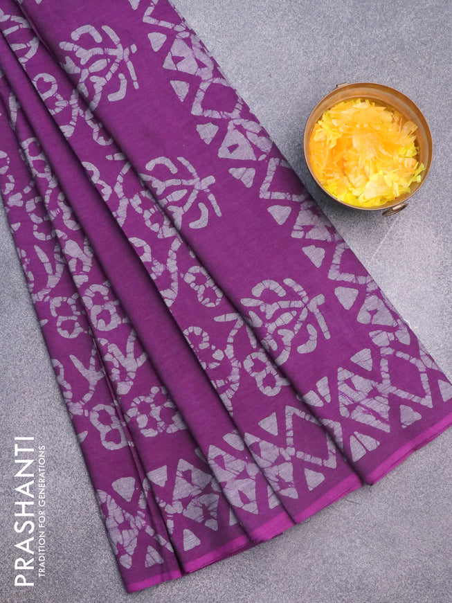 Muslin cotton saree purple with allover batik prints and printed border