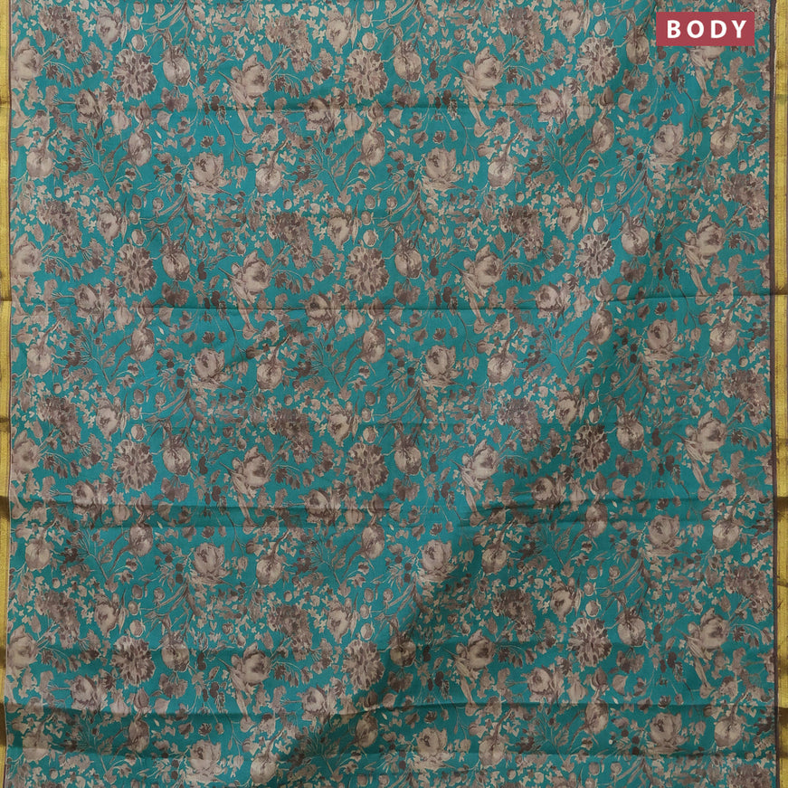 Muslin cotton saree teal green and grey with allover floral prints and zari woven border