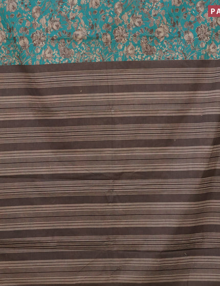 Muslin cotton saree teal green and grey with allover floral prints and zari woven border