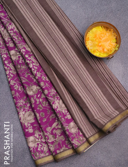 Muslin cotton saree purple and grey with allover floral prints and zari woven border