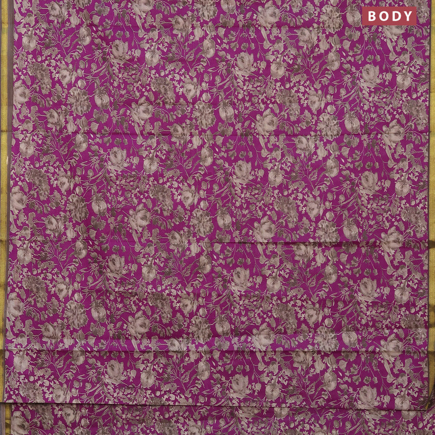 Muslin cotton saree purple and grey with allover floral prints and zari woven border