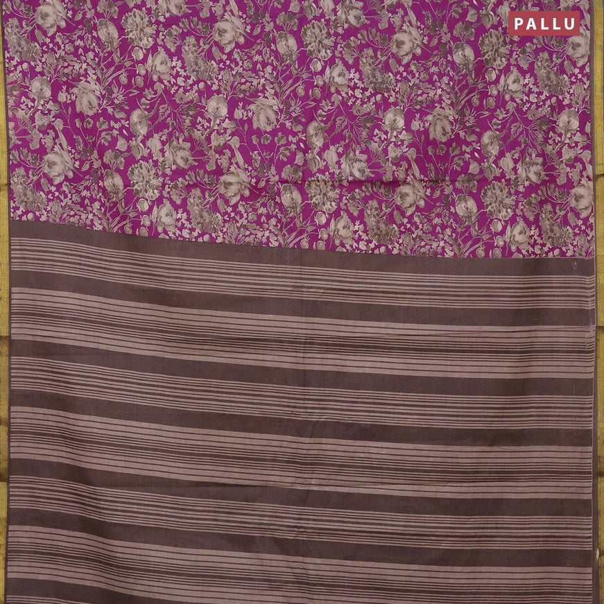 Muslin cotton saree purple and grey with allover floral prints and zari woven border