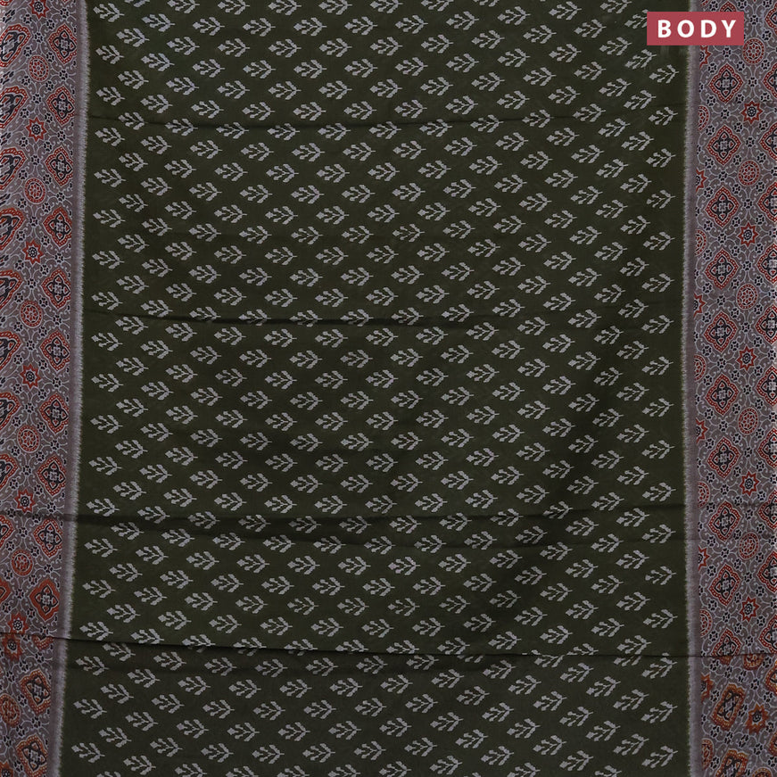 Muslin cotton saree sap green and grey with butta prints and ajrakh printed border