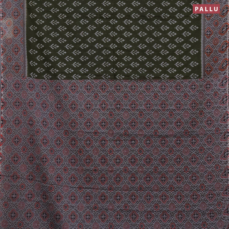 Muslin cotton saree sap green and grey with butta prints and ajrakh printed border