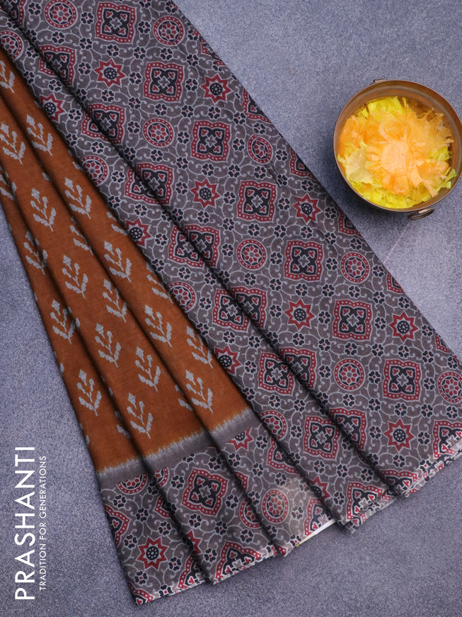 Muslin cotton saree dark mustard and grey with butta prints and ajrakh printed border