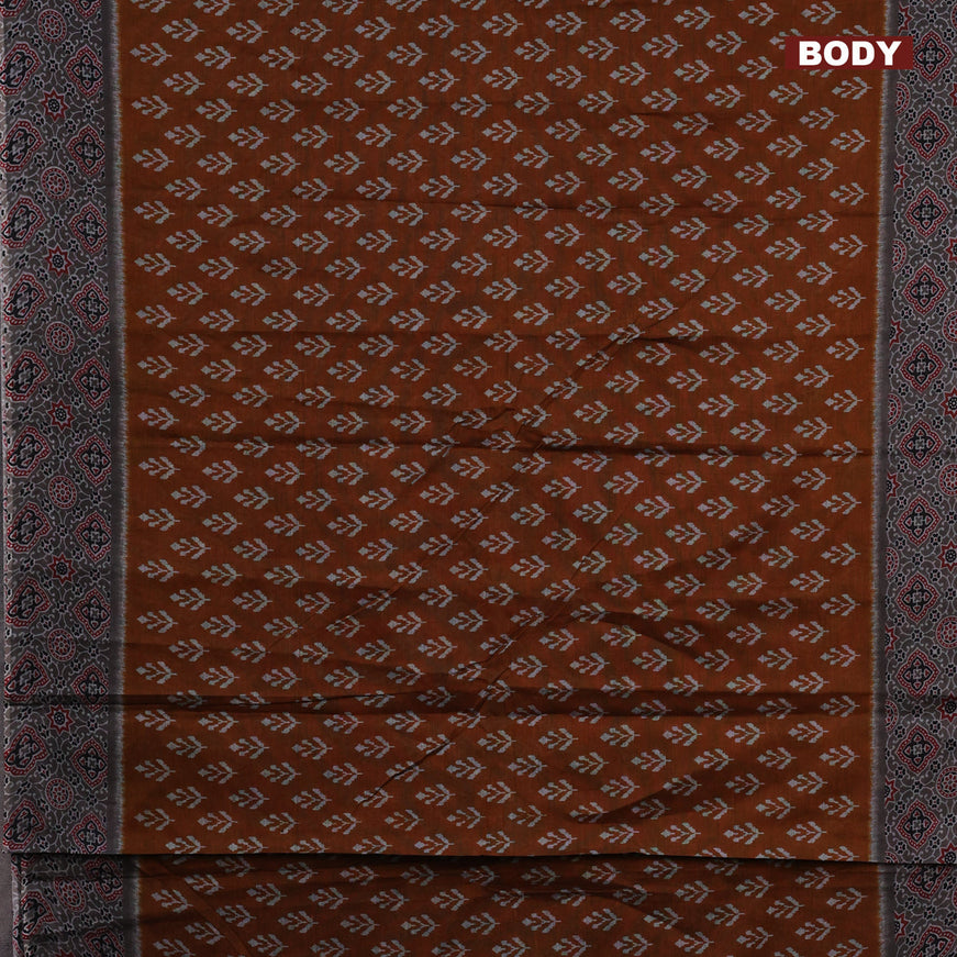 Muslin cotton saree dark mustard and grey with butta prints and ajrakh printed border