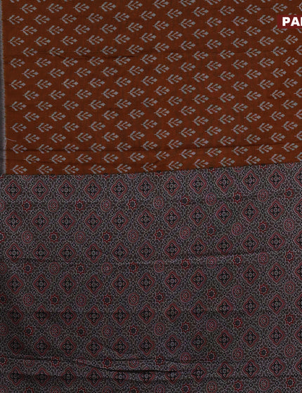 Muslin cotton saree dark mustard and grey with butta prints and ajrakh printed border