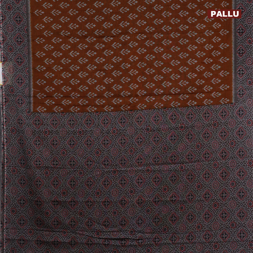 Muslin cotton saree dark mustard and grey with butta prints and ajrakh printed border