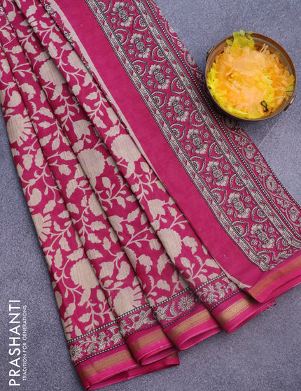 Muslin cotton saree pink and beige with allover floral prints and small zari woven border