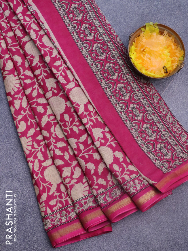 Muslin cotton saree pink and beige with allover floral prints and small zari woven border