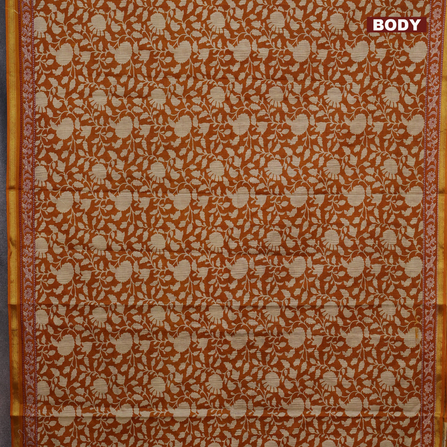 Muslin cotton saree dark bustard and beige with allover floral prints and small zari woven border