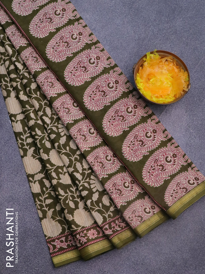 Muslin cotton saree sap green and beige with allover floral prints and small zari woven border