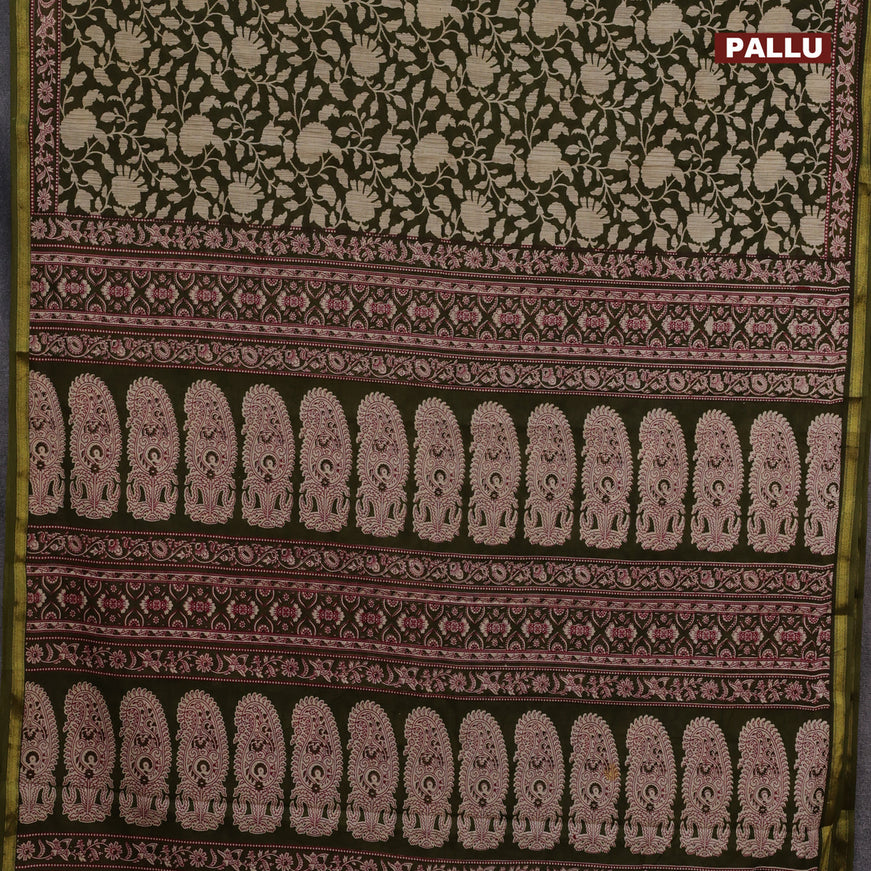 Muslin cotton saree sap green and beige with allover floral prints and small zari woven border