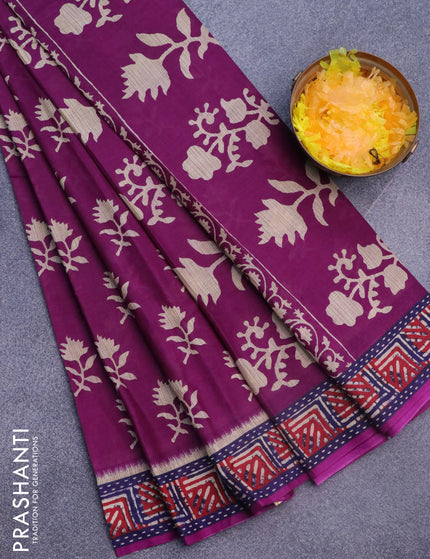 Muslin cotton saree deep purple with allover floral butta prints and printed border