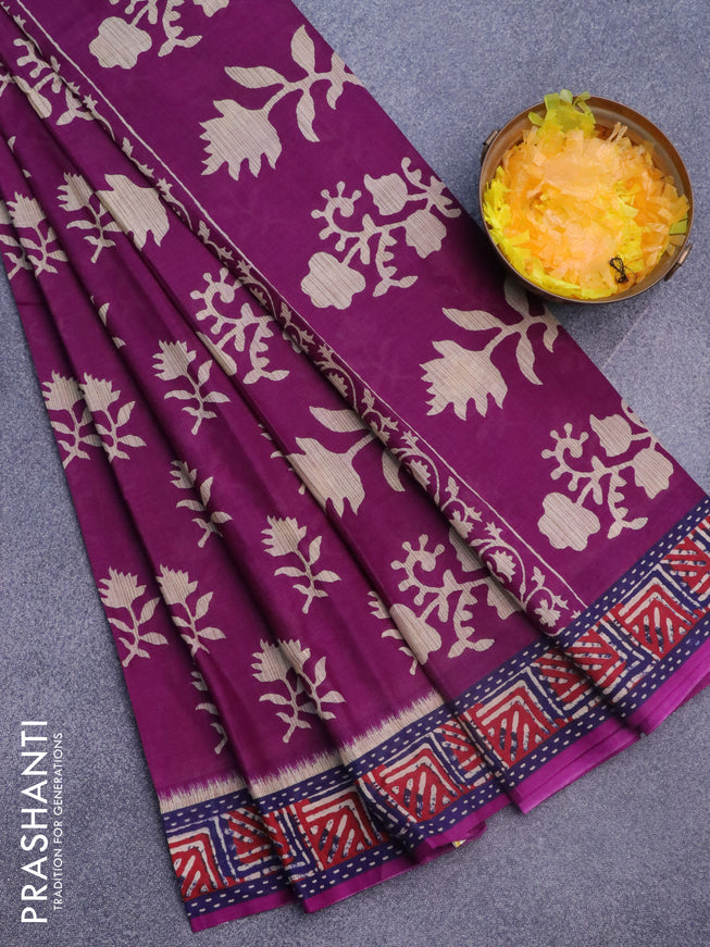 Muslin cotton saree deep purple with allover floral butta prints and printed border