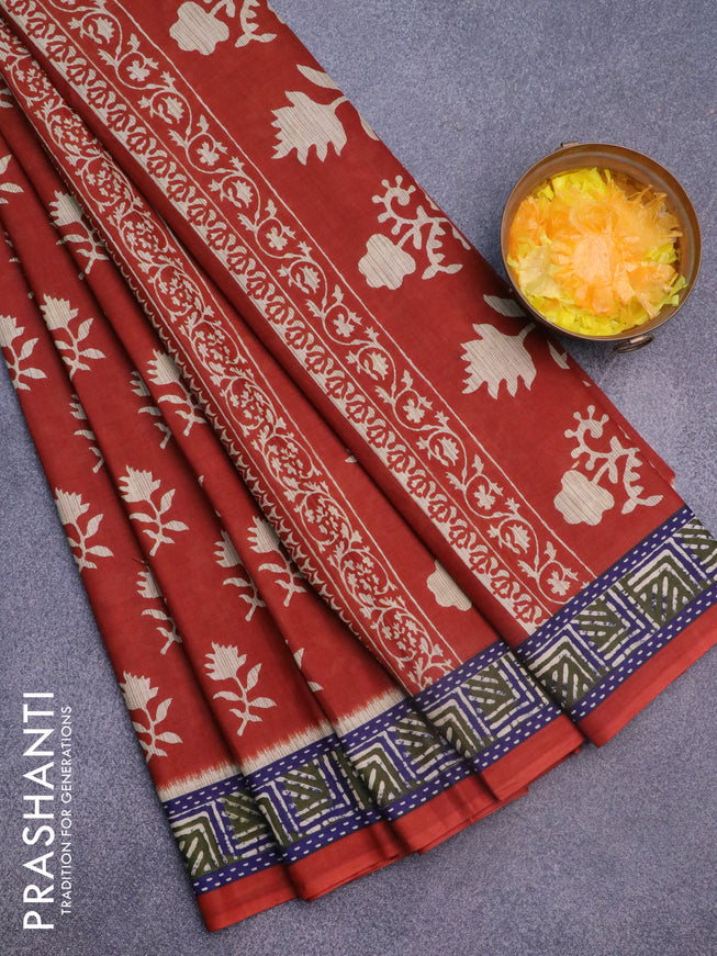 Muslin cotton saree rustic orange with allover floral butta prints and printed border