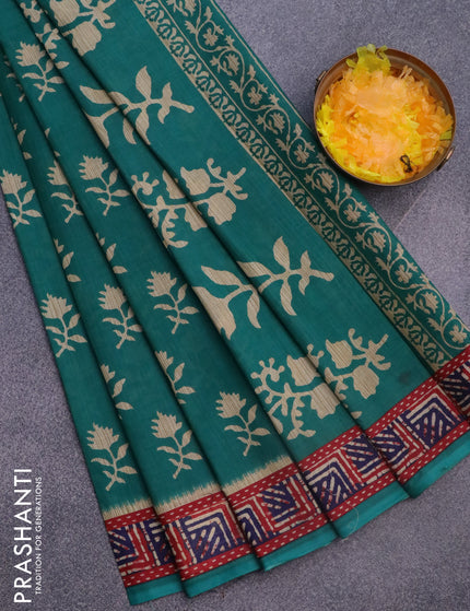 Muslin cotton saree teal green with allover floral butta prints and printed border