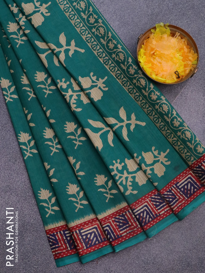 Muslin cotton saree teal green with allover floral butta prints and printed border